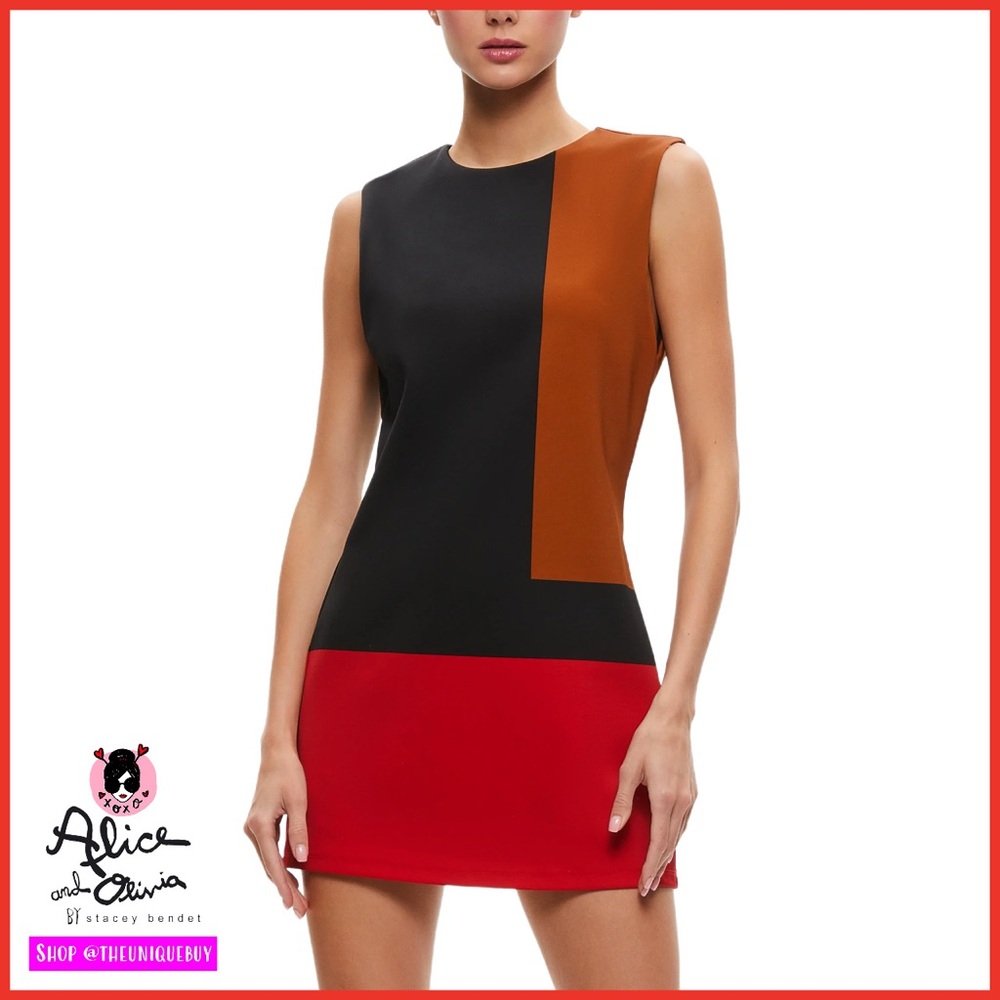Alice + Olivia Wynell Black Red Brown Multicolored Colorblock Fitted Mini Dress - Picture 4 of 16